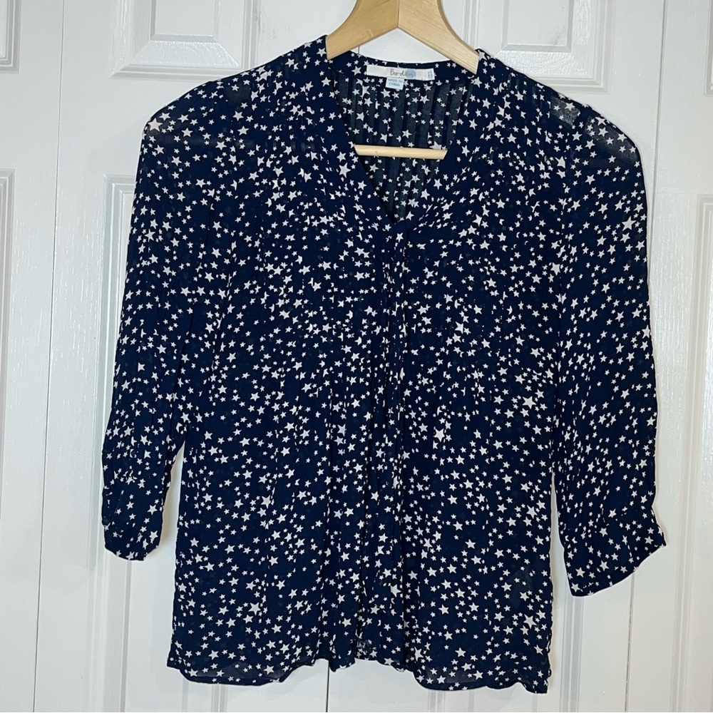 Boden Navy Blue Star
Printed Semi Sheer
Pleated & Tie Front 3/4
Sleeve Blouse 2